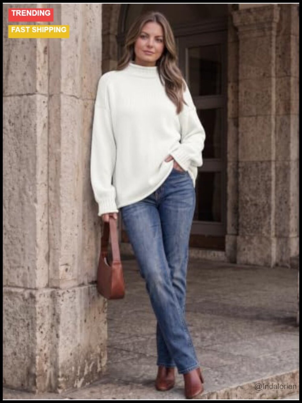 Oversized Mock Neck Knit Sweater Cotton Blend Pullover Fall - Picture 5 of 6